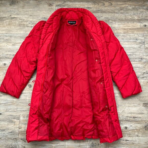 Down Vintage Jacket Red Puffer Long Trench Coat Winter 80s Unique Bright Large - Picture 3 of 9